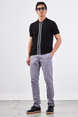 Siyah Polo Fermuar Yaka Düz Kısa Kollu Slim Fit  Erkek Triko