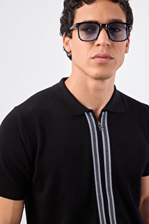Siyah Polo Fermuar Yaka Düz Kısa Kollu Slim Fit  Erkek Triko
