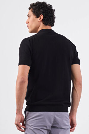 Siyah Polo Fermuar Yaka Düz Kısa Kollu Slim Fit  Erkek Triko