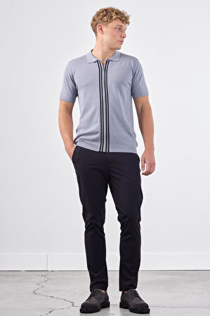 Gri Polo Fermuar Yaka Düz Kısa Kollu Slim Fit  Erkek Triko