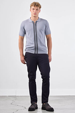 Gri Polo Fermuar Yaka Düz Kısa Kollu Slim Fit  Erkek Triko