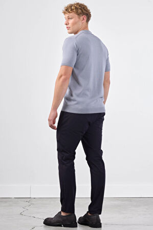 Gri Polo Fermuar Yaka Düz Kısa Kollu Slim Fit  Erkek Triko