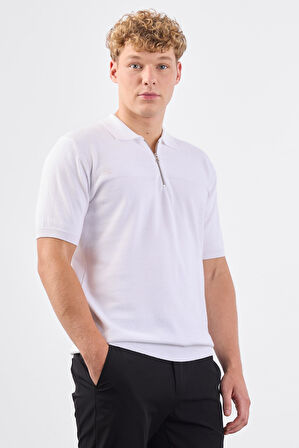 Beyaz Fermuarlı Polo Yaka Kısa Kollu Örgü Slim Fit Erkek Triko