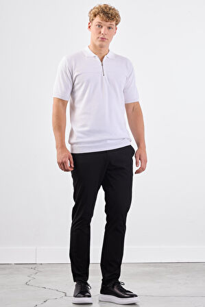 Beyaz Fermuarlı Polo Yaka Kısa Kollu Örgü Slim Fit Erkek Triko