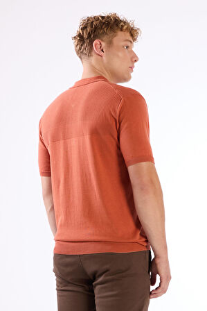 Kiremit Fermuarlı Polo Yaka Kısa Kollu Örgü Slim Fit Erkek Triko
