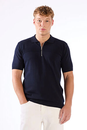 Lacivert Fermuarlı Polo Yaka Kısa Kollu Örgü Slim Fit Erkek Triko