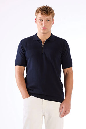 Lacivert Fermuarlı Polo Yaka Kısa Kollu Örgü Slim Fit Erkek Triko