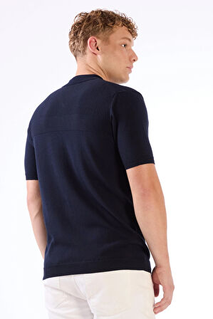 Lacivert Fermuarlı Polo Yaka Kısa Kollu Örgü Slim Fit Erkek Triko