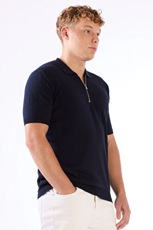 Lacivert Fermuarlı Polo Yaka Kısa Kollu Örgü Slim Fit Erkek Triko