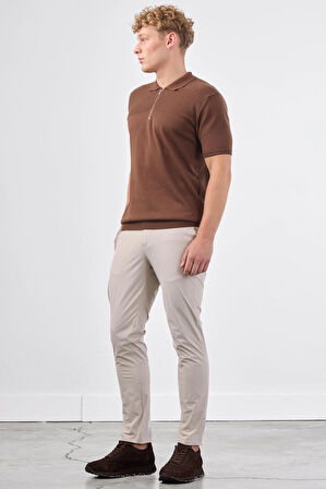 Kahve Fermuarlı Polo Yaka Kısa Kollu Örgü Slim Fit Erkek Triko