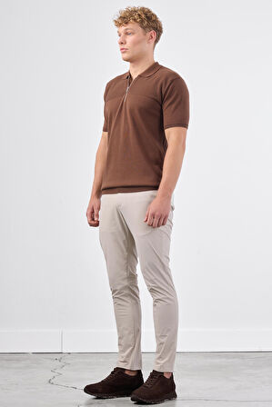 Kahve Fermuarlı Polo Yaka Kısa Kollu Örgü Slim Fit Erkek Triko