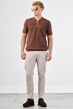 Kahve Fermuarlı Polo Yaka Kısa Kollu Örgü Slim Fit Erkek Triko