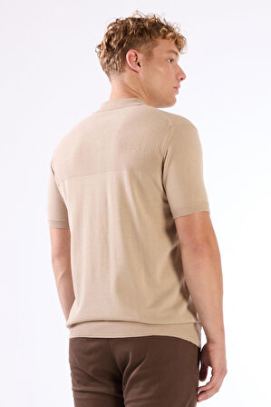 Bej Fermuarlı Polo Yaka Kısa Kollu Örgü Slim Fit Erkek Triko