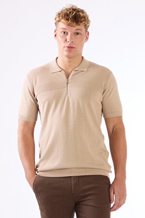 Bej Fermuarlı Polo Yaka Kısa Kollu Örgü Slim Fit Erkek Triko