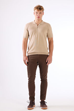 Bej Fermuarlı Polo Yaka Kısa Kollu Örgü Slim Fit Erkek Triko