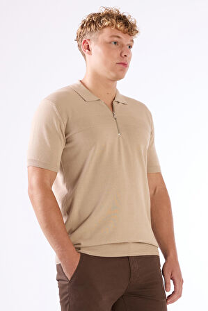 Bej Fermuarlı Polo Yaka Kısa Kollu Örgü Slim Fit Erkek Triko