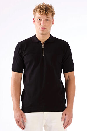 Siyah Fermuarlı Polo Yaka Kısa Kollu Örgü Slim Fit Erkek Triko