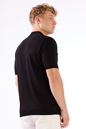 Siyah Fermuarlı Polo Yaka Kısa Kollu Örgü Slim Fit Erkek Triko