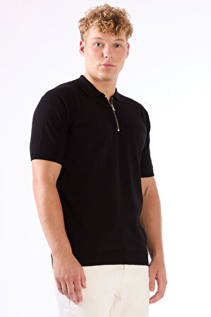 Siyah Fermuarlı Polo Yaka Kısa Kollu Örgü Slim Fit Erkek Triko
