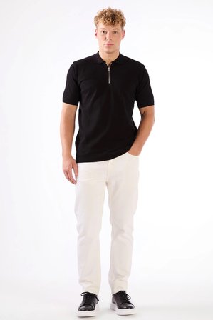 Siyah Fermuarlı Polo Yaka Kısa Kollu Örgü Slim Fit Erkek Triko