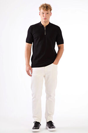 Siyah Fermuarlı Polo Yaka Kısa Kollu Örgü Slim Fit Erkek Triko