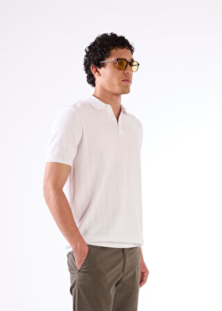 Beyaz Polo Düğme Yaka Düz Renk Slim Fit Erkek Triko