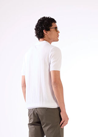 Beyaz Polo Düğme Yaka Düz Renk Slim Fit Erkek Triko