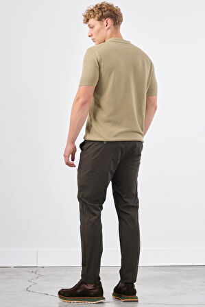 Haki Polo Düğme Yaka Düz Renk Slim Fit Erkek Triko