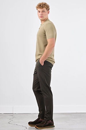 Haki Polo Düğme Yaka Düz Renk Slim Fit Erkek Triko