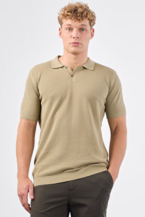 Haki Polo Düğme Yaka Düz Renk Slim Fit Erkek Triko