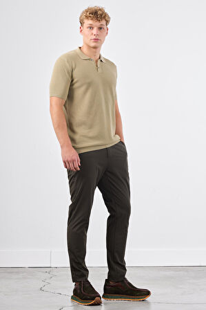 Haki Polo Düğme Yaka Düz Renk Slim Fit Erkek Triko