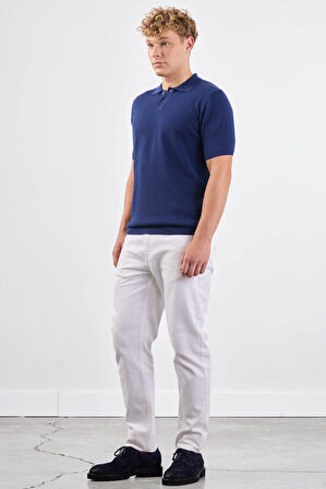 Lacivert Polo Düğme Yaka Düz Renk Slim Fit Erkek Triko