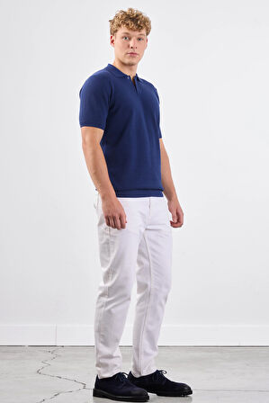 Lacivert Polo Düğme Yaka Düz Renk Slim Fit Erkek Triko