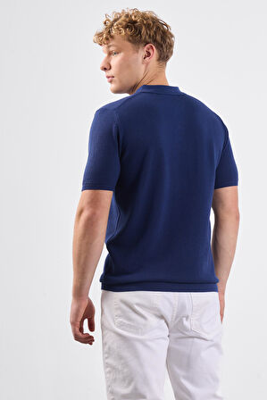 Lacivert Polo Düğme Yaka Düz Renk Slim Fit Erkek Triko