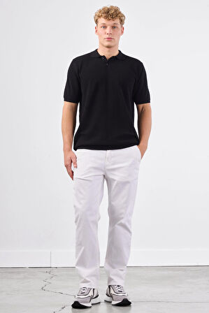 Siyah Polo Düğme Yaka Düz Renk Slim Fit Erkek Triko