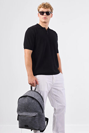 Siyah Polo Düğme Yaka Düz Renk Slim Fit Erkek Triko