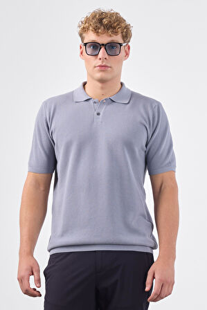 Gri Polo Düğme Yaka Düz Renk Slim Fit Erkek Triko
