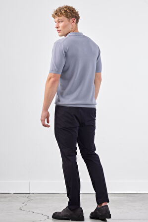 Gri Polo Düğme Yaka Düz Renk Slim Fit Erkek Triko