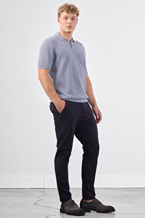 Gri Polo Düğme Yaka Düz Renk Slim Fit Erkek Triko