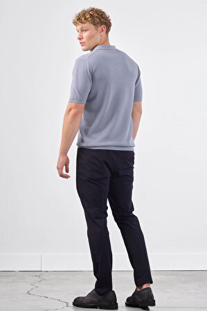 Gri Polo Düğme Yaka Düz Renk Slim Fit Erkek Triko