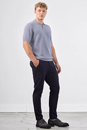 Gri Polo Düğme Yaka Düz Renk Slim Fit Erkek Triko