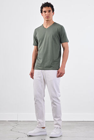Haki   Düz Erkek T-Shirt - Slim Fit