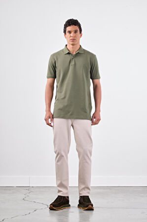 Haki Polo Yaka Pamuklu Düz Renk Slim Fit Erkek T-shirt