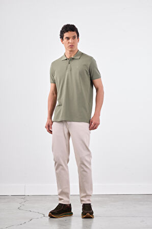 Haki Polo Yaka Pamuklu Düz Renk Slim Fit Erkek T-shirt
