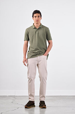 Haki Polo Yaka Pamuklu Düz Renk Slim Fit Erkek T-shirt