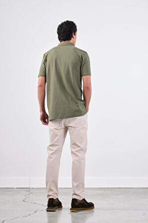 Haki Polo Yaka Pamuklu Düz Renk Slim Fit Erkek T-shirt