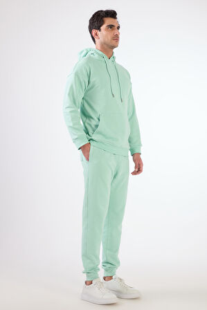 Mint Yeşili Kapüşonlu Kanguru Cepli Regular Fit Erkek Sweatshirt