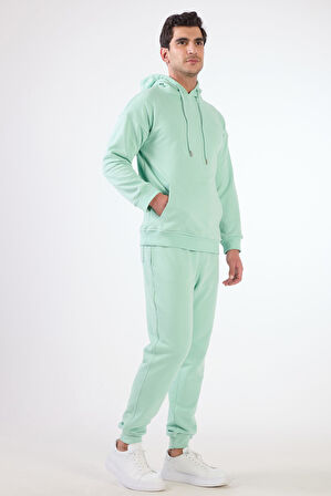 Mint Yeşili Kapüşonlu Kanguru Cepli Regular Fit Erkek Sweatshirt