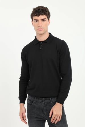 Erkek Regular Fit Polo Yaka Siyah Triko