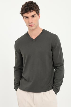 Erkek Regular Fit V Yaka Haki Triko
